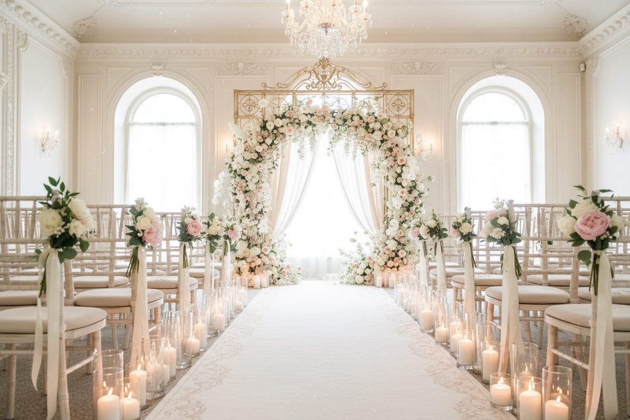 Decorated wedding aisle with floral arrangements and candles in a elegant hall.