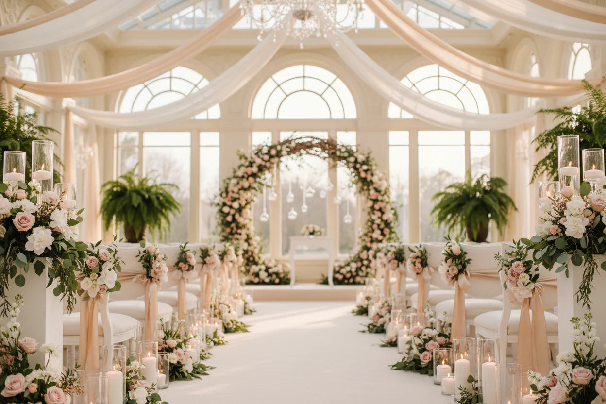 A civil ceremony setup in an elegant ballroom with full-height windows overlooking garden views.
