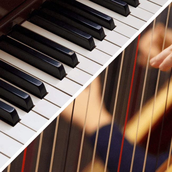 Close-up of piano keys and harp strings, symbolising Claire Heffernan’s signature instruments.
