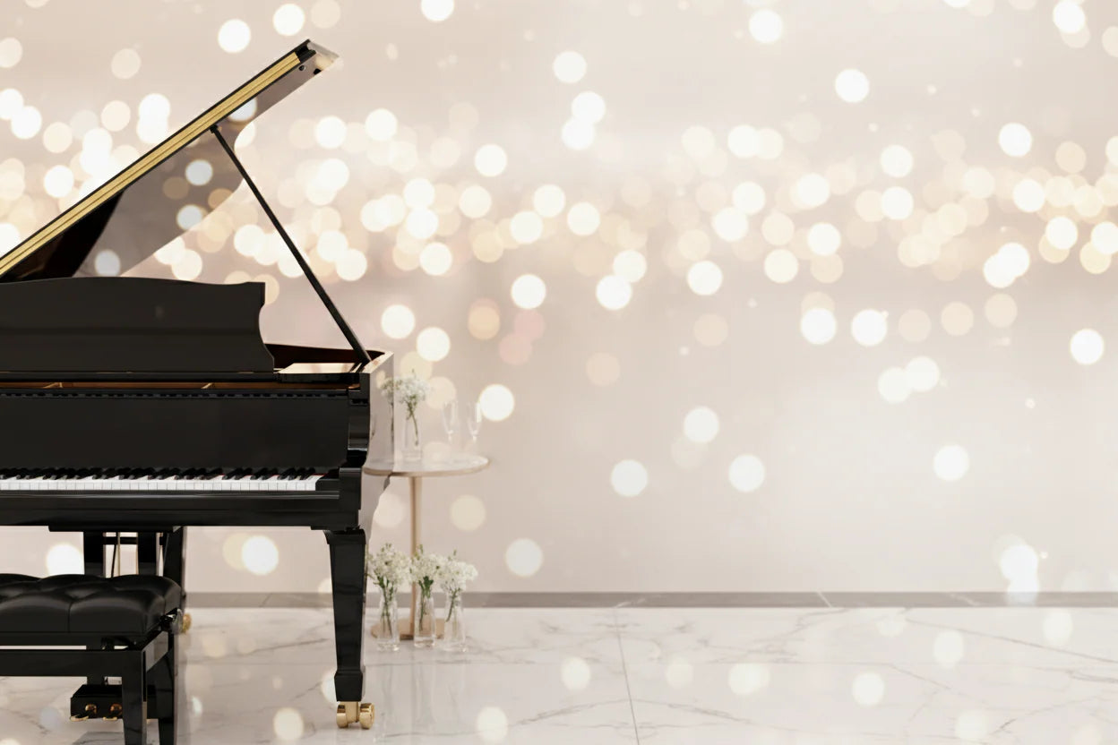 A grand piano in a softly lit room with warm bokeh lighting.