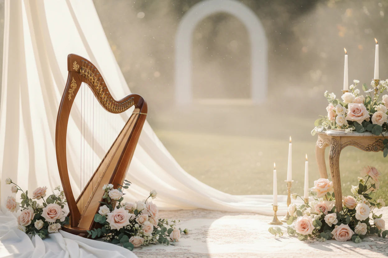 A harp in front of a veil and floral decorations at an open-air wedding reception with an arch in the background.