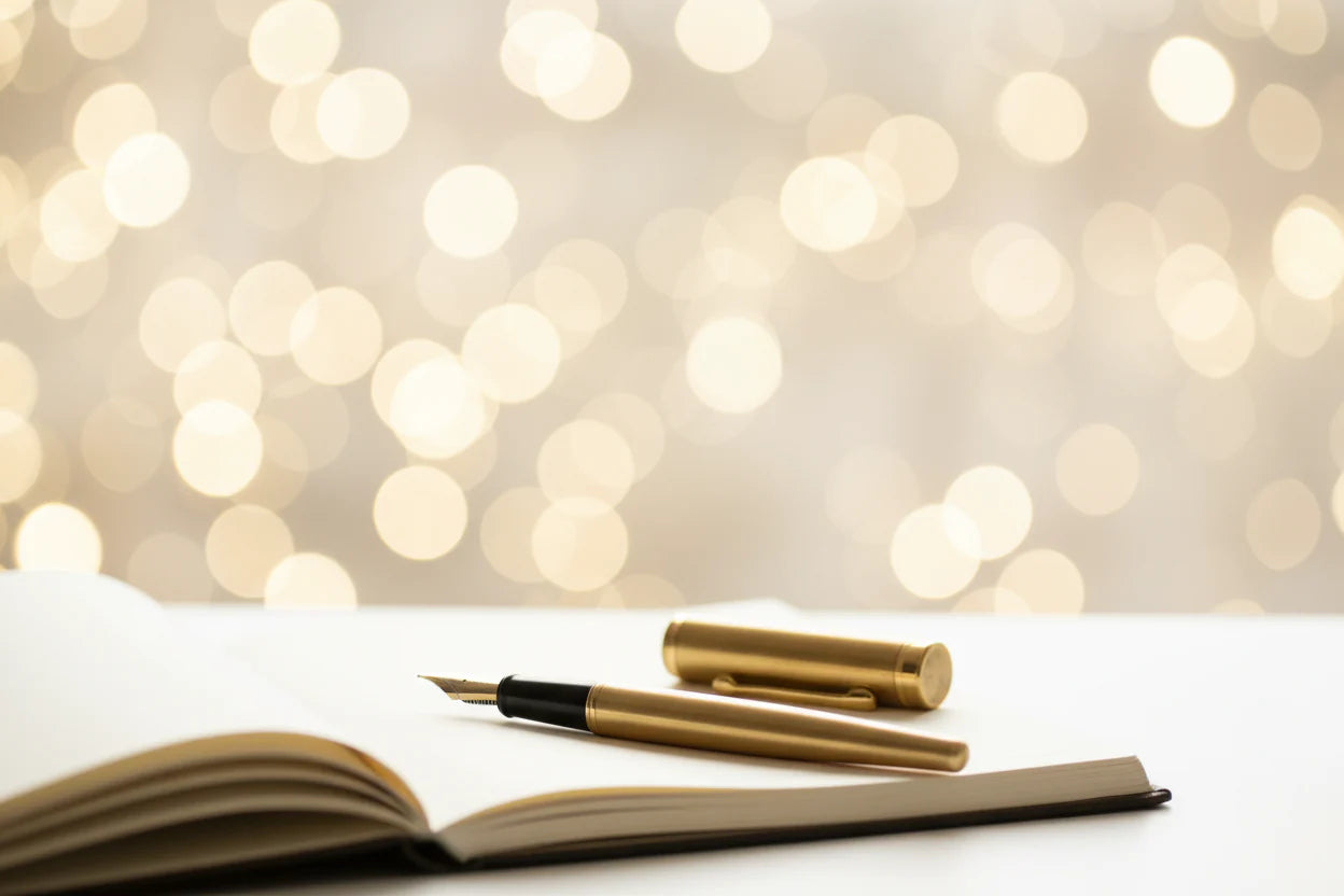 A stylish fountain pen resting on an open notebook.