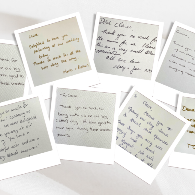 Flat lay collage of Polaroid photos showing wedding reviews and testimonials for Claire Heffernan.