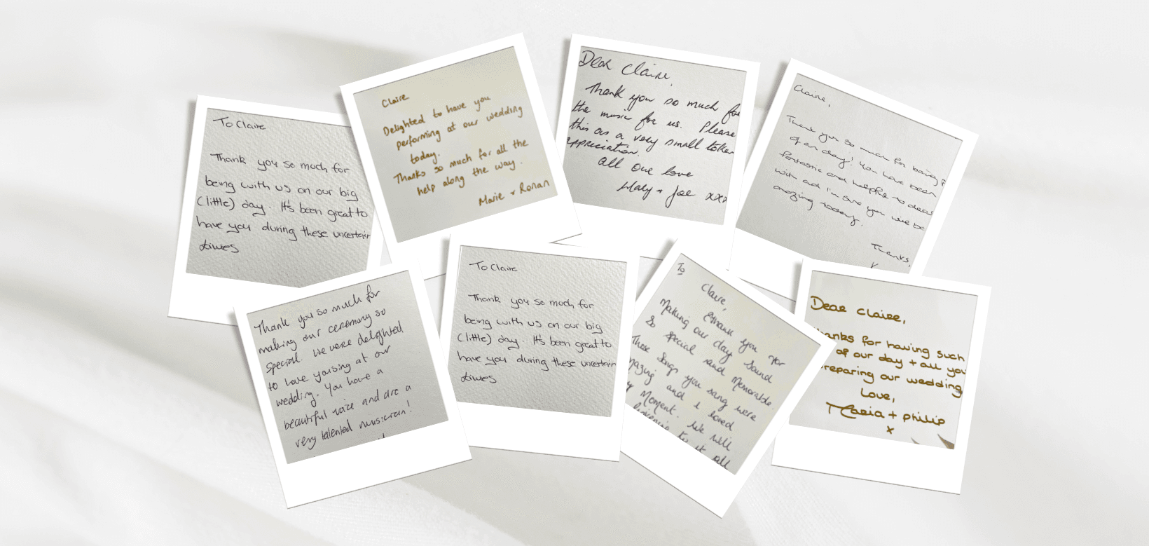 A collage of Polaroid photos displaying handwritten wedding testimonials and reviews from couples to Claire Heffernan.